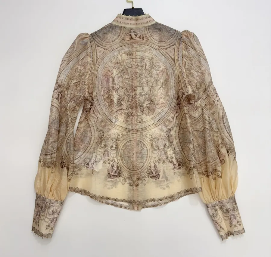 Printed Stand-Collar Lantern-Sleeve Shirt in Beige, product view 15
