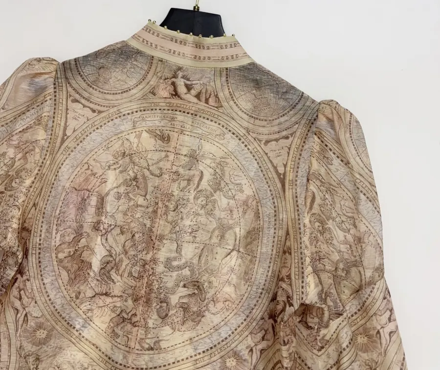 Printed Stand-Collar Lantern-Sleeve Shirt in Beige, product view 16