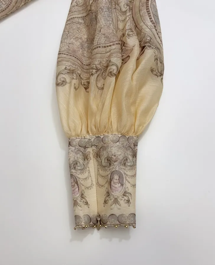 Printed Stand-Collar Lantern-Sleeve Shirt in Beige, product view 17