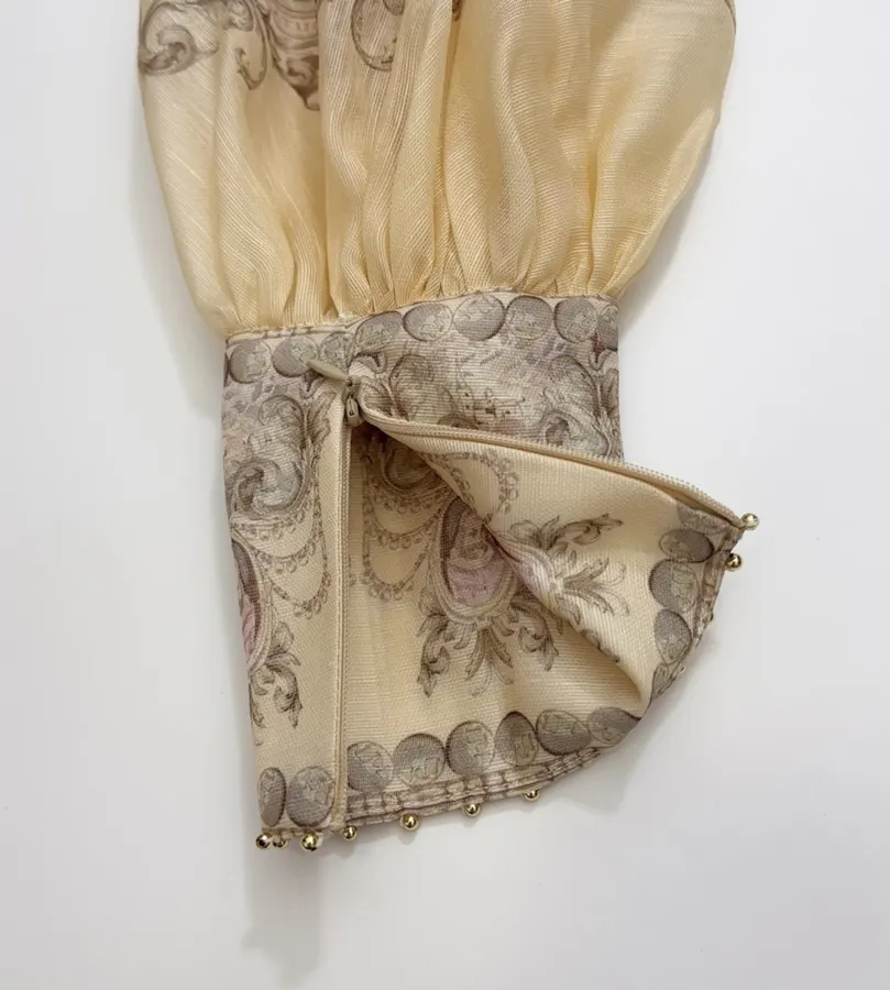 Printed Stand-Collar Lantern-Sleeve Shirt in Beige, product view 18