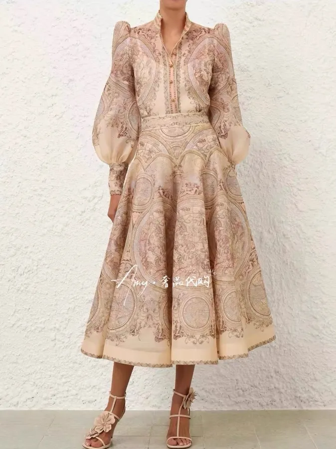 Printed Stand-Collar Lantern-Sleeve Shirt in Beige, product view 20