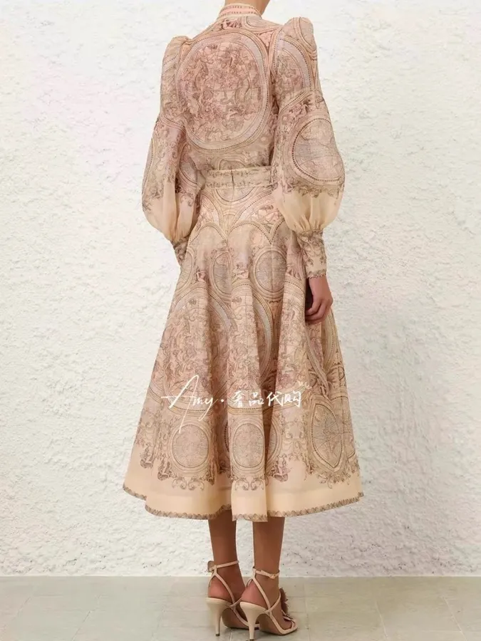 Printed Stand-Collar Lantern-Sleeve Shirt in Beige, product view 21