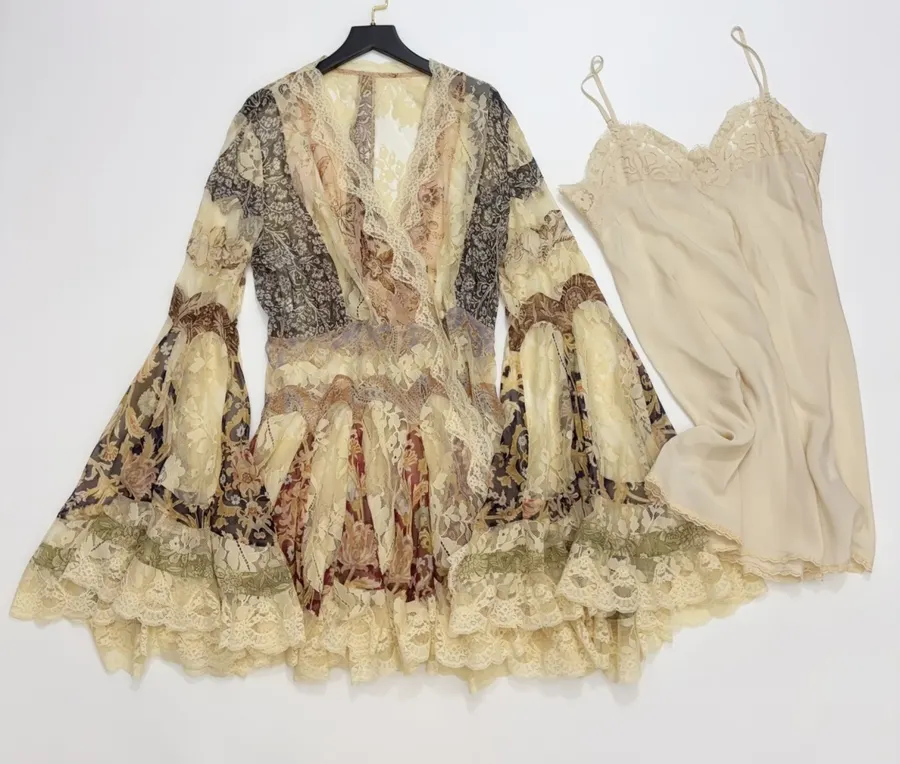 Lace Trumpet-Sleeve Bodycon Short Dress in Beige, product view 02