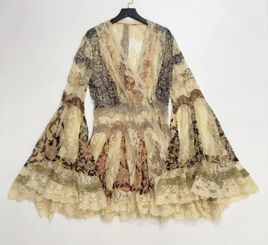 Lace Trumpet-Sleeve Bodycon Short Dress in Beige, product view 03