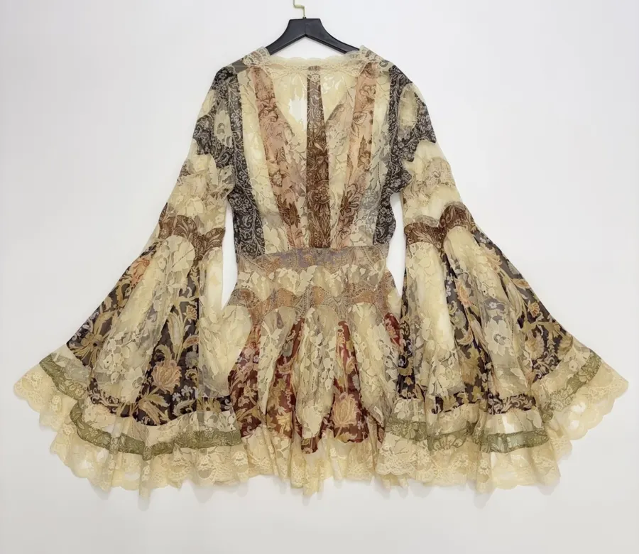 Lace Trumpet-Sleeve Bodycon Short Dress in Beige, product view 18