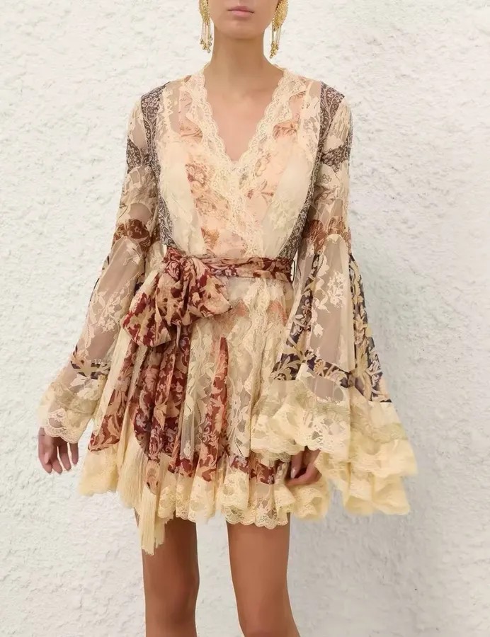 Lace Trumpet-Sleeve Bodycon Short Dress in Beige, product view 25
