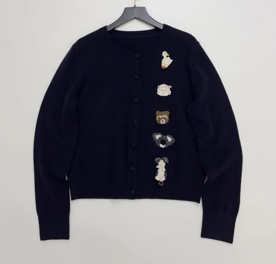 Jacquard Crew-Neck Button Cardigan in Navy, product view 01