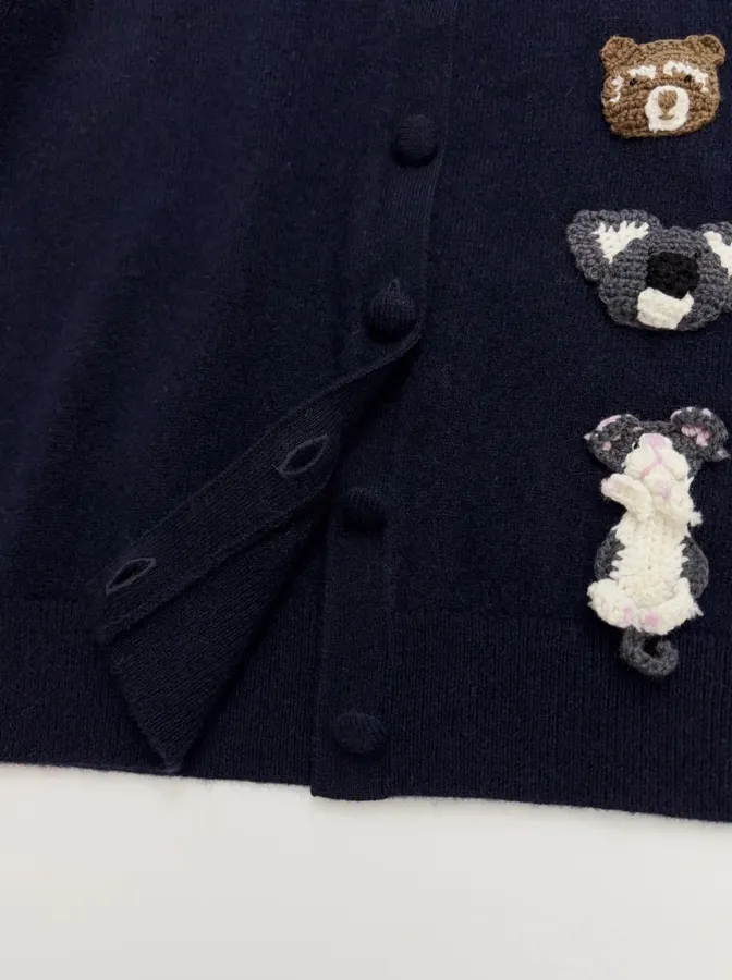 Jacquard Crew-Neck Button Cardigan in Navy, product view 16