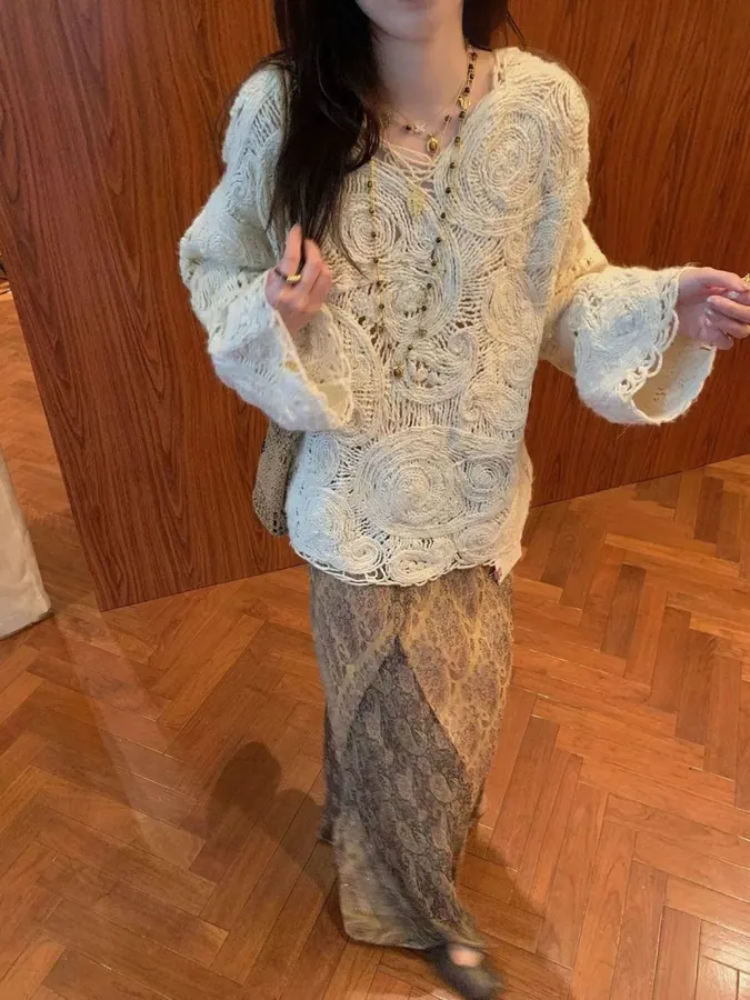 Ivory Paisley Openwork Knit Top in Ivory, product view 02