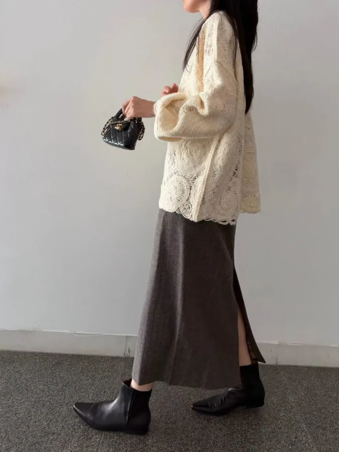 Ivory Paisley Openwork Knit Top in Ivory, product view 18