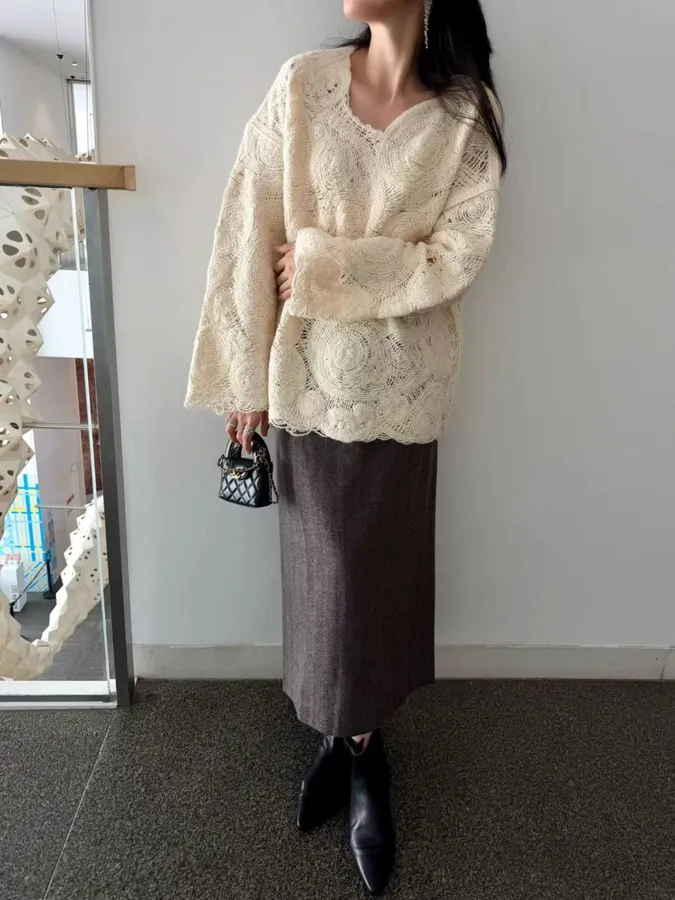 Ivory Paisley Openwork Knit Top in Ivory, product view 19