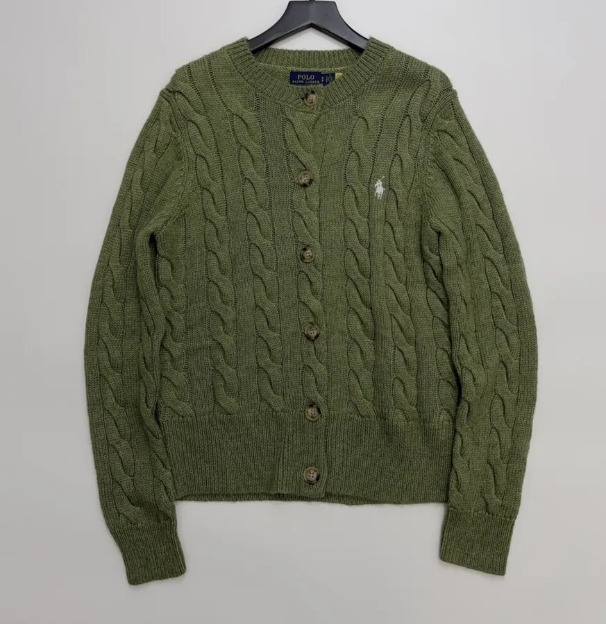 Embroidered Twisted Floral Button Knitted Cardigan in Olive Green, product view 01