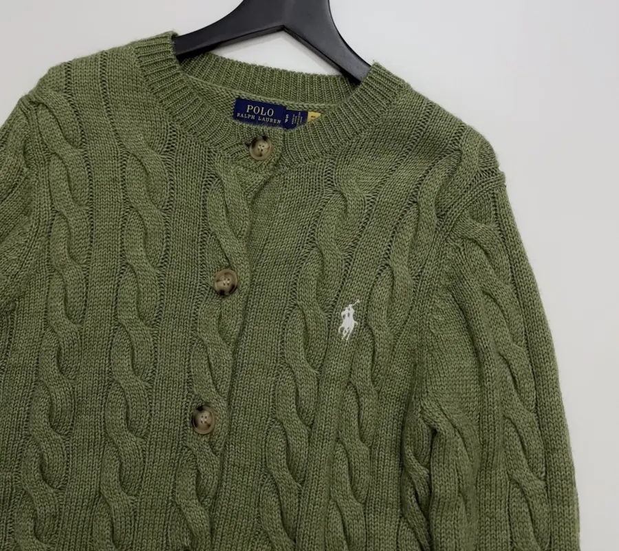 Embroidered Twisted Floral Button Knitted Cardigan in Olive Green, product view 02