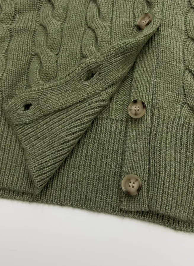 Embroidered Twisted Floral Button Knitted Cardigan in Olive Green, product view 09