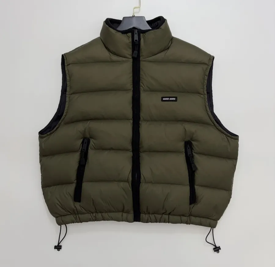 Olive Stand-Collar Quilted Puffer Vest in Olive Green, product view 01
