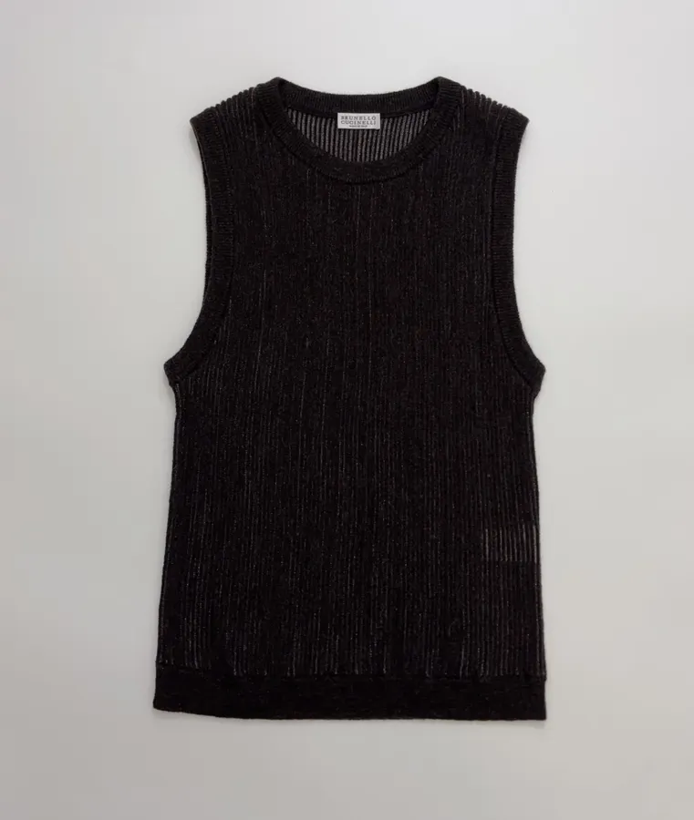 Round-Neck Sleeveless Knit Vest, Slim-Fit Top in Black, product view 01