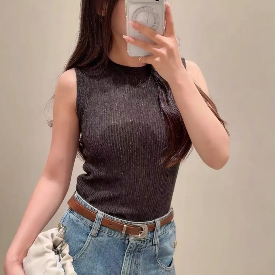 Round-Neck Sleeveless Knit Vest, Slim-Fit Top in Black, product view 02