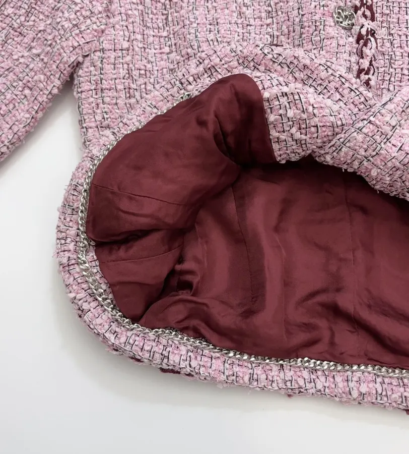 Pink Single-Breasted Tweed Coat for Autumn/Winter in Pink, product view 13