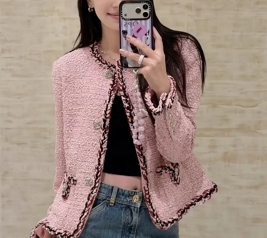 Pink Single-Breasted Tweed Coat for Autumn/Winter in Pink, product view 19