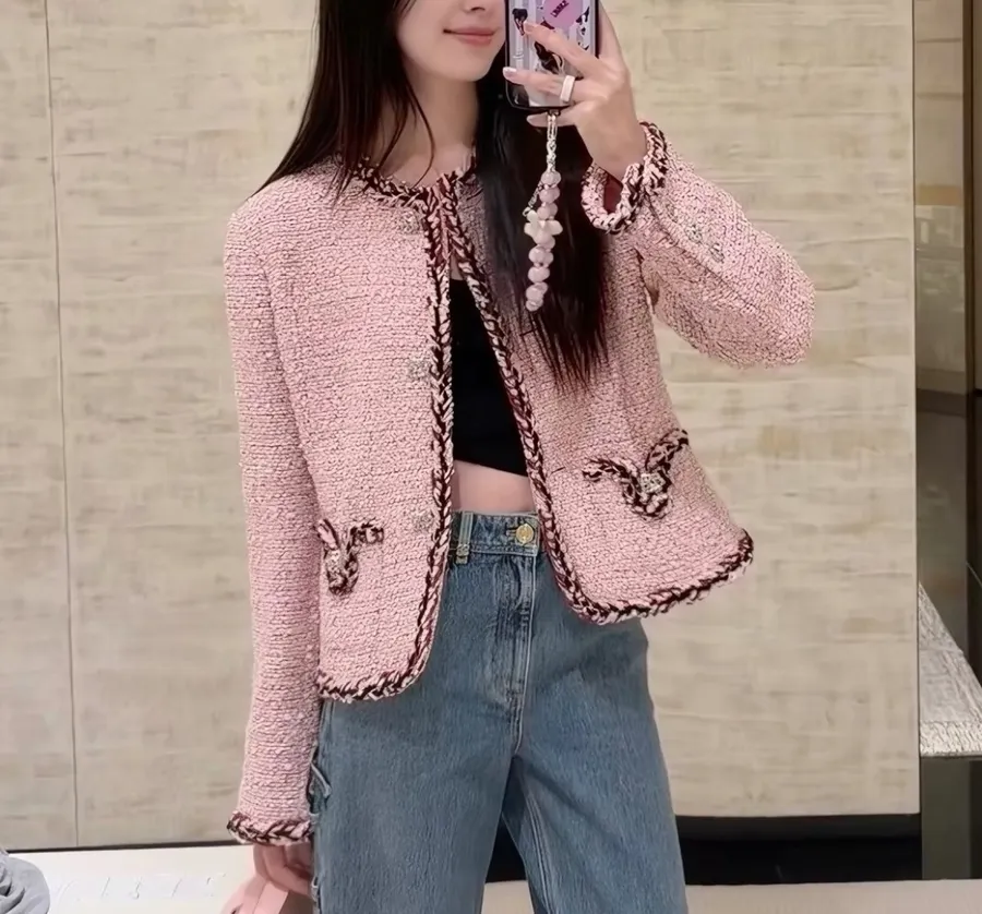 Pink Single-Breasted Tweed Coat for Autumn/Winter in Pink, product view 20