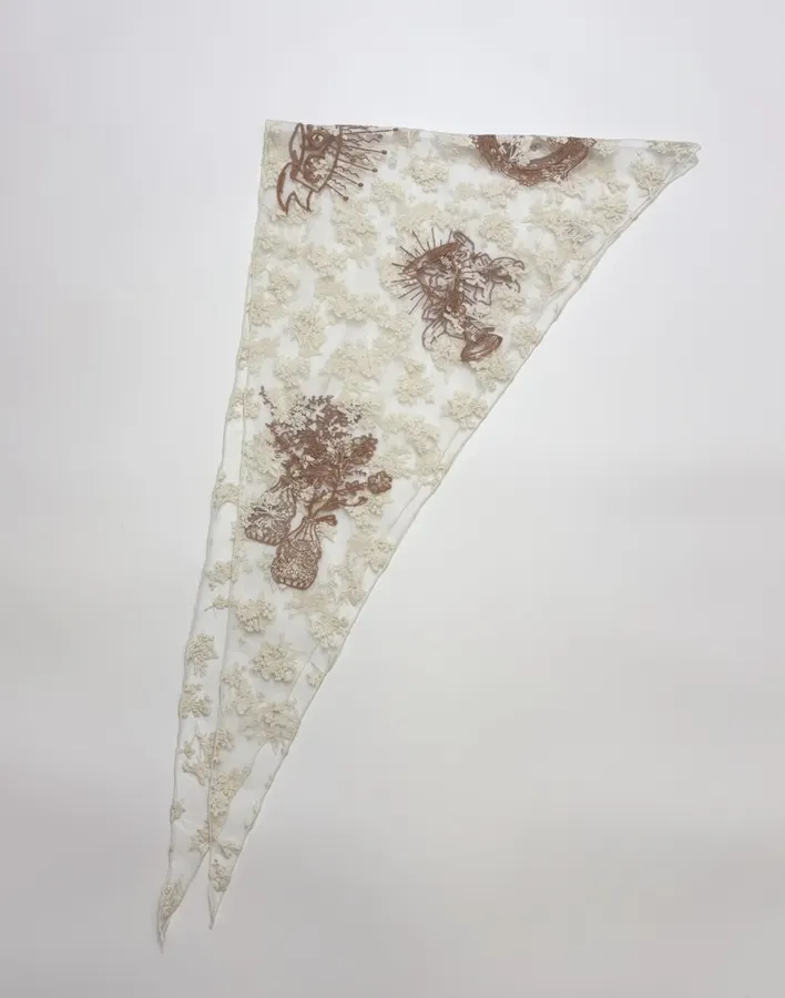 Niche Embroidered Lace Triangle Scarf, Thin Neck Tie Soft Headscarf, Layered Silk Scarf in Ivory, product view