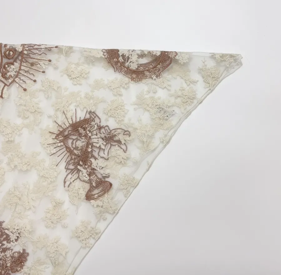 Niche Embroidered Lace Triangle Scarf, Thin Neck Tie Soft Headscarf, Layered Silk Scarf in Ivory, product view 02