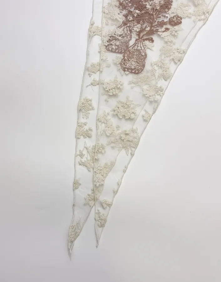 Niche Embroidered Lace Triangle Scarf, Thin Neck Tie Soft Headscarf, Layered Silk Scarf in Ivory, product view 03