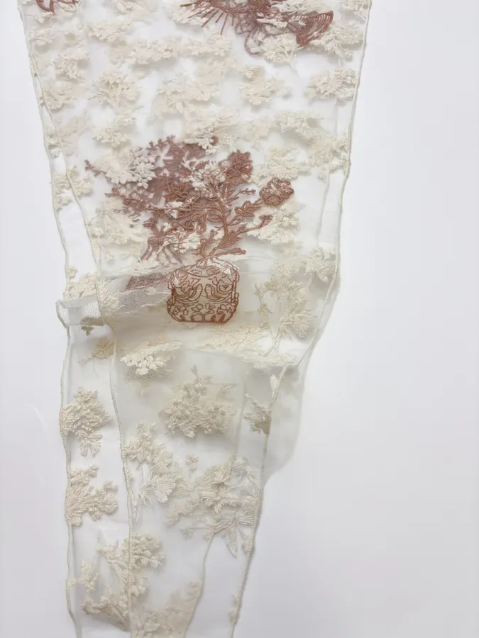Niche Embroidered Lace Triangle Scarf, Thin Neck Tie Soft Headscarf, Layered Silk Scarf in Ivory, product view 04