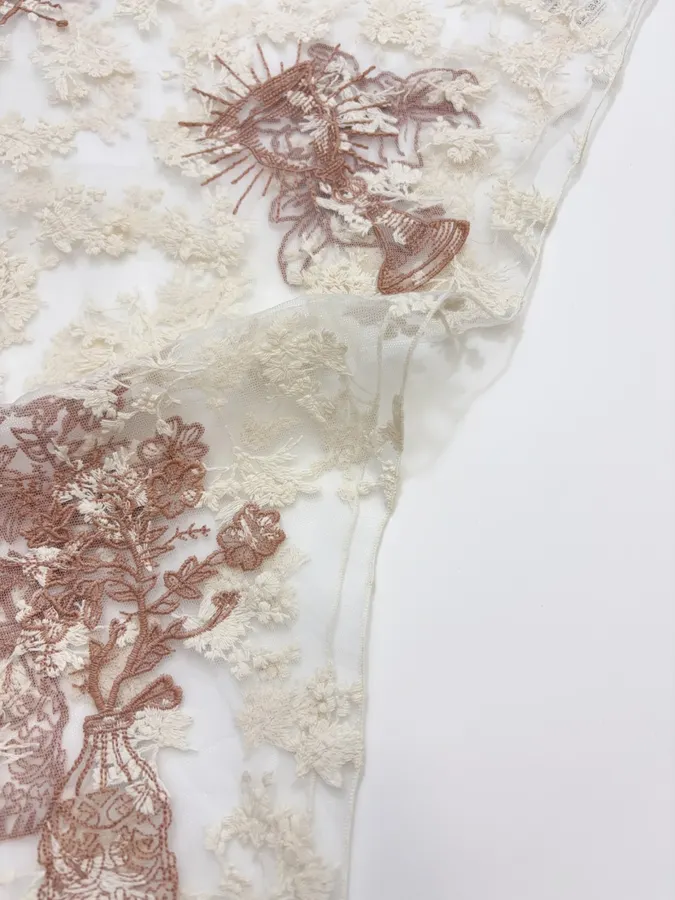 Niche Embroidered Lace Triangle Scarf, Thin Neck Tie Soft Headscarf, Layered Silk Scarf in Ivory, product view 05