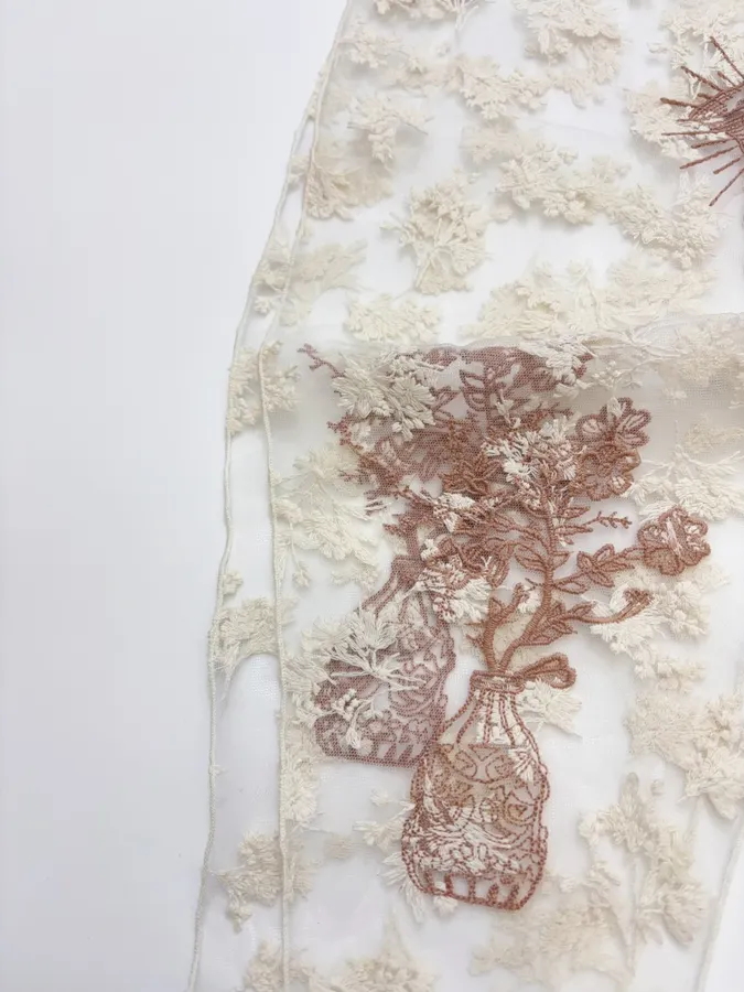 Niche Embroidered Lace Triangle Scarf, Thin Neck Tie Soft Headscarf, Layered Silk Scarf in Ivory, product view 06