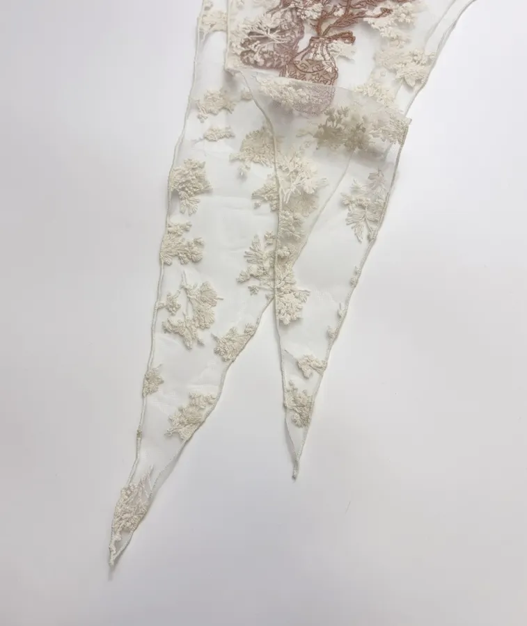 Niche Embroidered Lace Triangle Scarf, Thin Neck Tie Soft Headscarf, Layered Silk Scarf in Ivory, product view 07