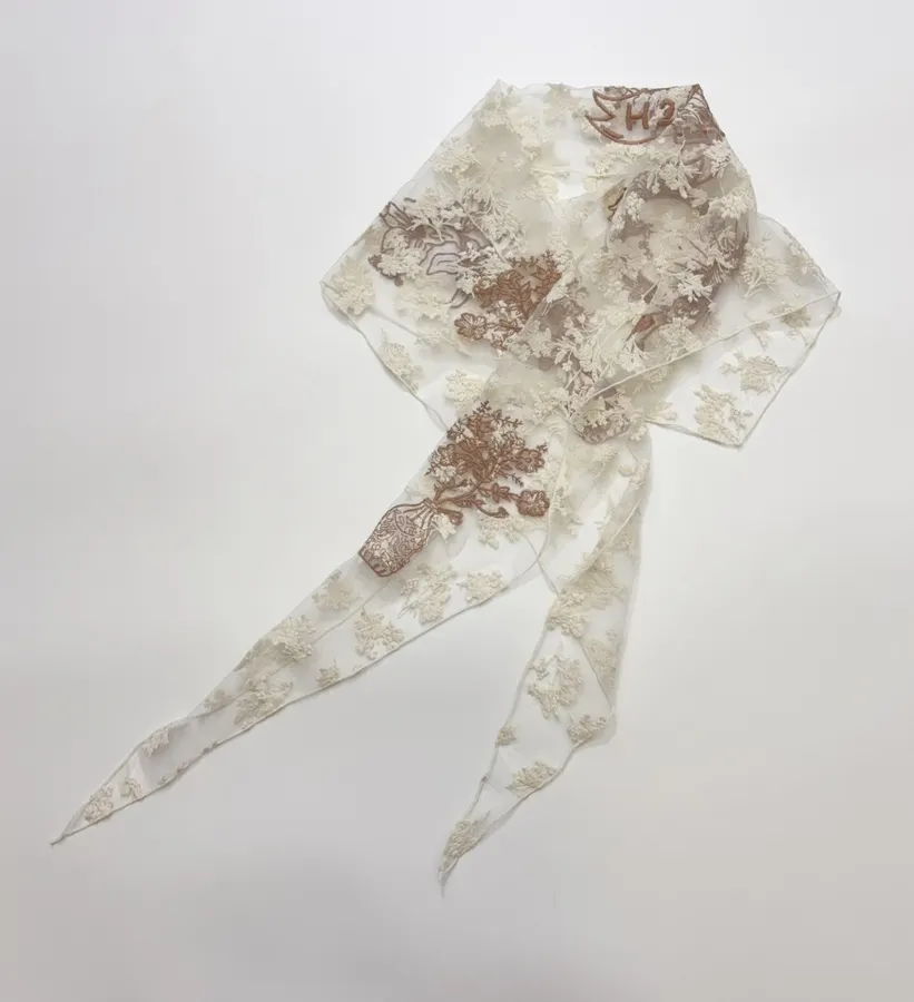 Niche Embroidered Lace Triangle Scarf, Thin Neck Tie Soft Headscarf, Layered Silk Scarf in Ivory, product view 08
