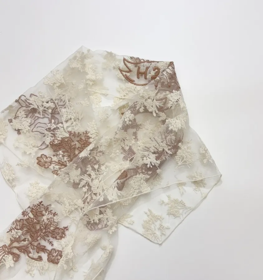 Niche Embroidered Lace Triangle Scarf, Thin Neck Tie Soft Headscarf, Layered Silk Scarf in Ivory, product view 09