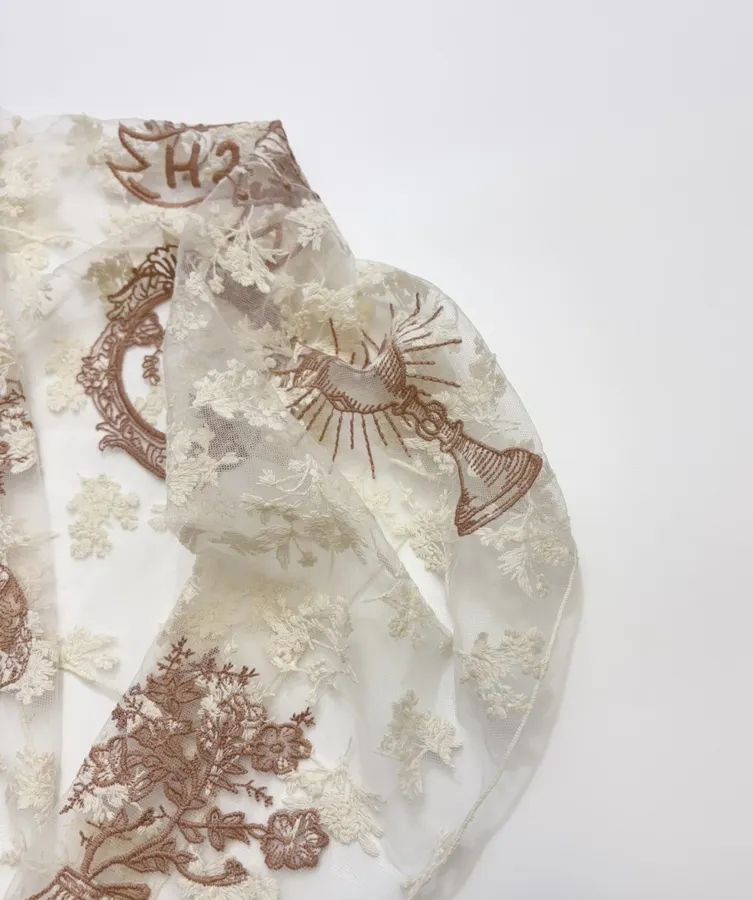 Niche Embroidered Lace Triangle Scarf, Thin Neck Tie Soft Headscarf, Layered Silk Scarf in Ivory, product view 10