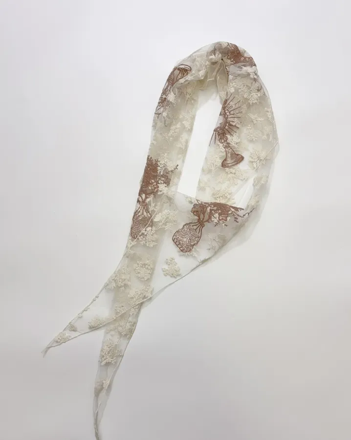 Niche Embroidered Lace Triangle Scarf, Thin Neck Tie Soft Headscarf, Layered Silk Scarf in Ivory, product view 11