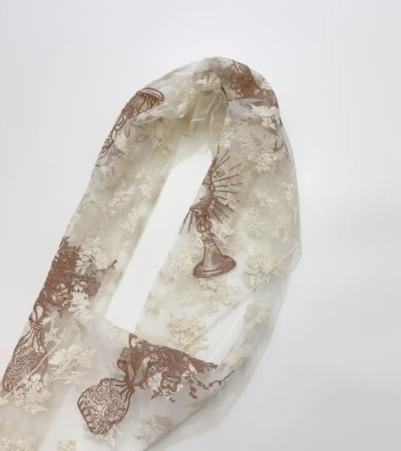 Niche Embroidered Lace Triangle Scarf, Thin Neck Tie Soft Headscarf, Layered Silk Scarf in Ivory, product view 12