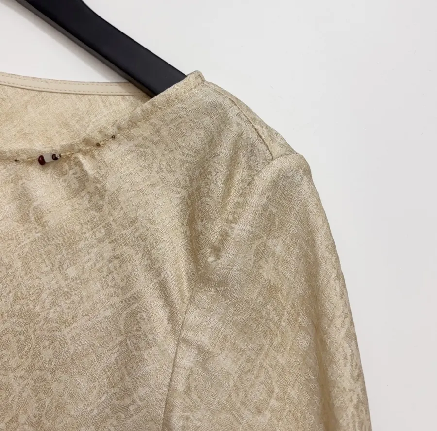 Retro-style Merino Wool Blend Jacquard Slim-fit One-shoulder Round-neck Long-sleeve Shirt in Oatmeal, product view 03