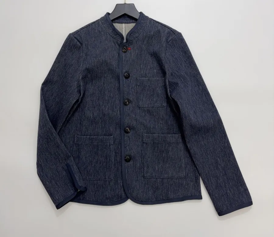 Deep Blue Dyed Tencel-Cotton Blend Jacket with Woven Trimmed Stand Collar in Navy, product view 01