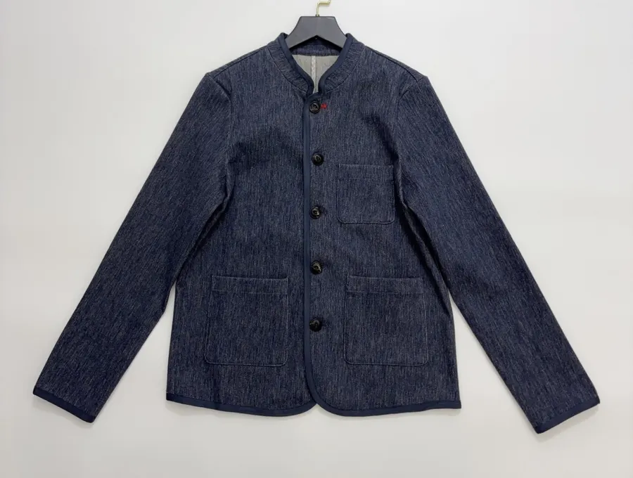Deep Blue Dyed Tencel-Cotton Blend Jacket with Woven Trimmed Stand Collar in Navy, product view 02
