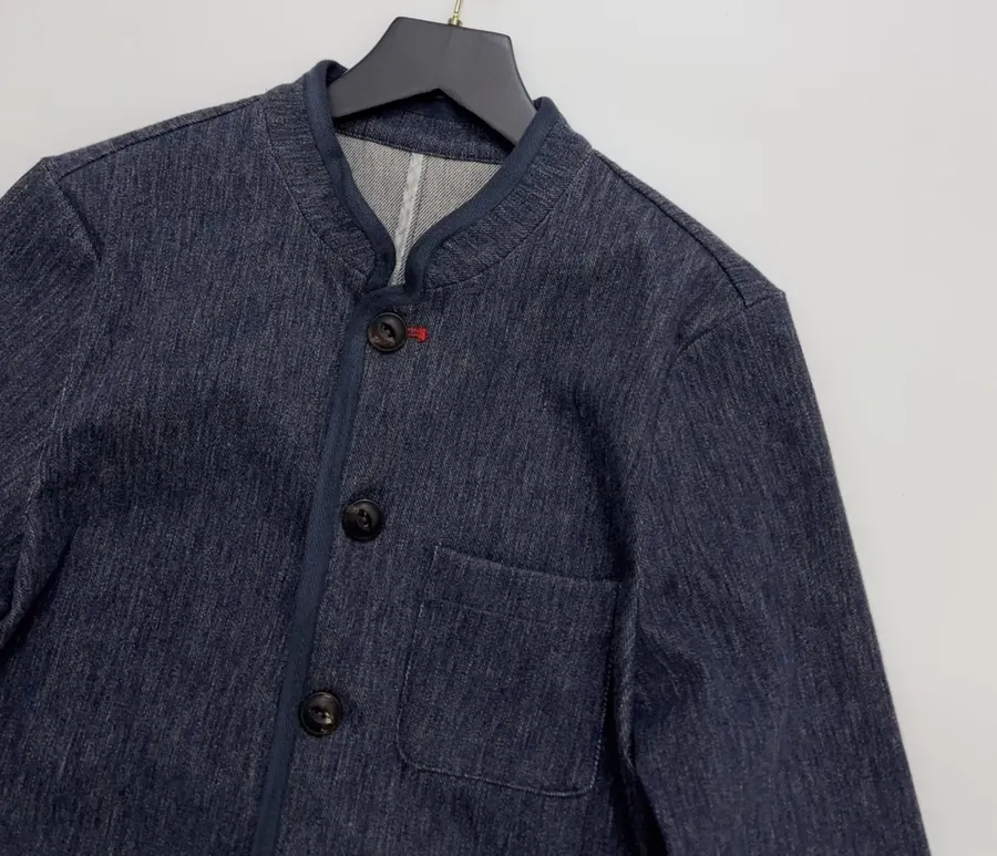 Deep Blue Dyed Tencel-Cotton Blend Jacket with Woven Trimmed Stand Collar in Navy, product view 03
