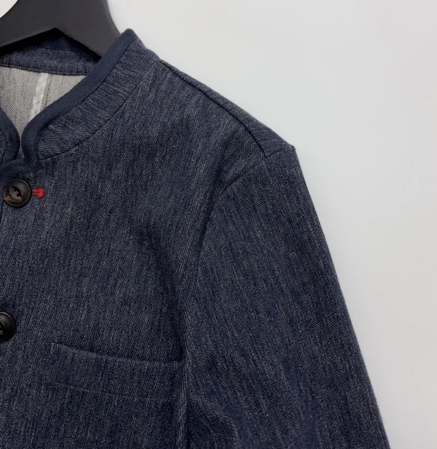Deep Blue Dyed Tencel-Cotton Blend Jacket with Woven Trimmed Stand Collar in Navy, product view 05