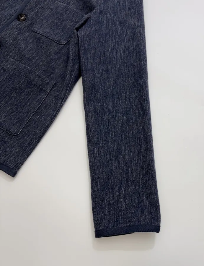 Deep Blue Dyed Tencel-Cotton Blend Jacket with Woven Trimmed Stand Collar in Navy, product view 06