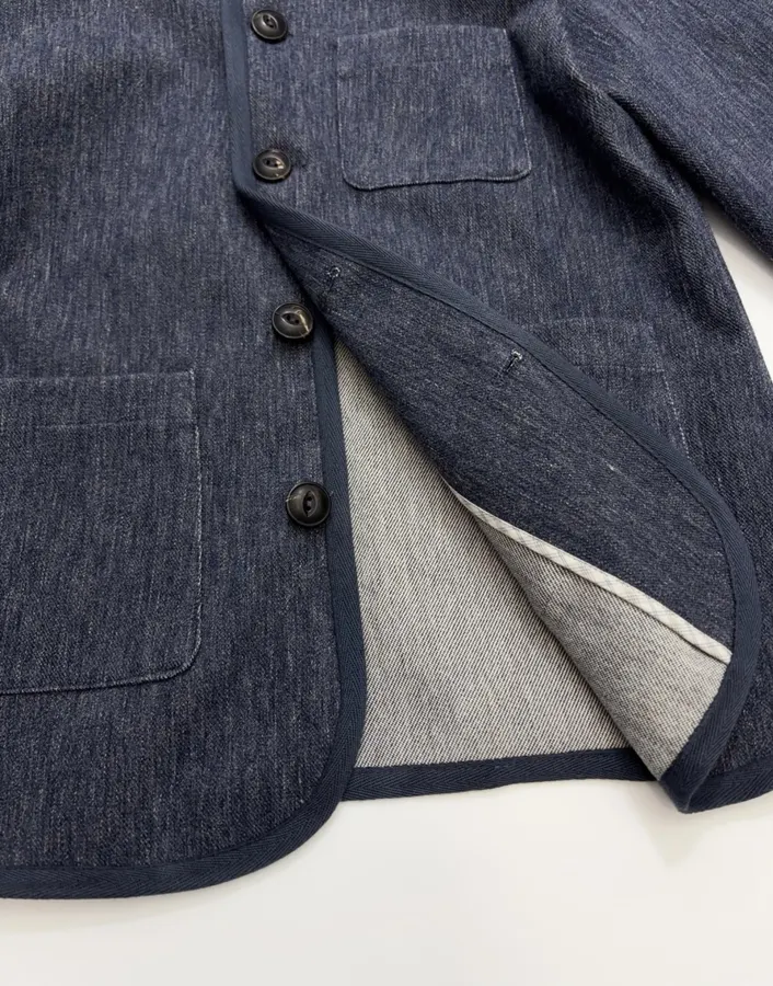 Deep Blue Dyed Tencel-Cotton Blend Jacket with Woven Trimmed Stand Collar in Navy, product view 09