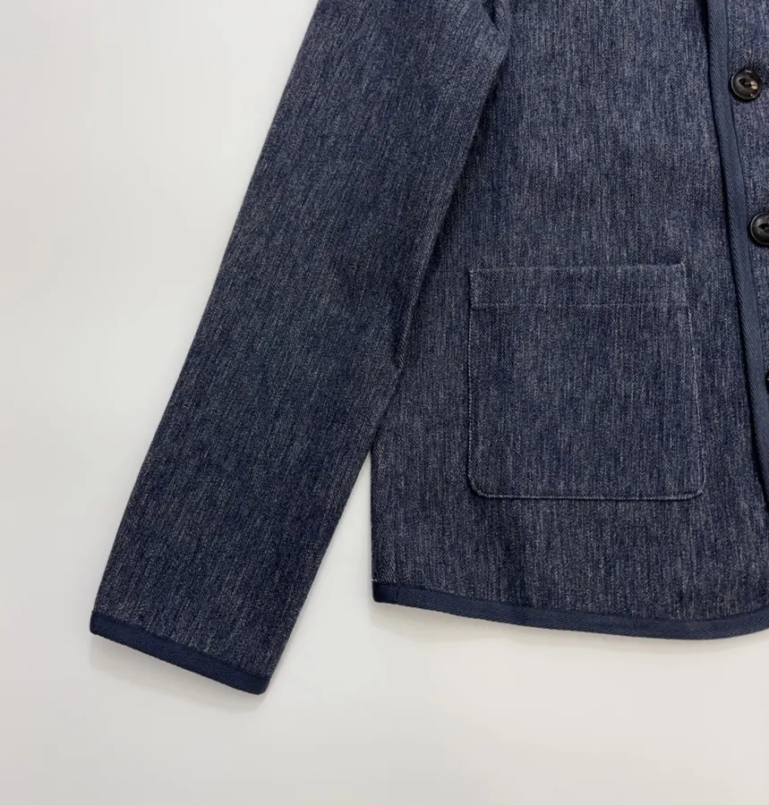 Deep Blue Dyed Tencel-Cotton Blend Jacket with Woven Trimmed Stand Collar in Navy, product view 10