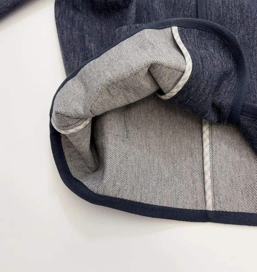 Deep Blue Dyed Tencel-Cotton Blend Jacket with Woven Trimmed Stand Collar in Navy, product view 12