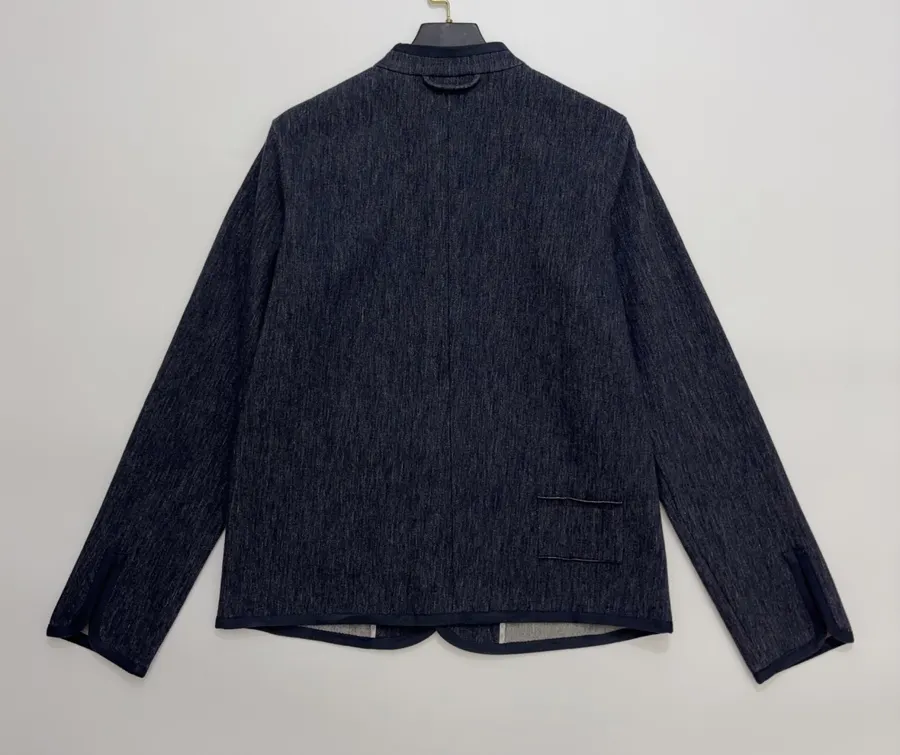 Deep Blue Dyed Tencel-Cotton Blend Jacket with Woven Trimmed Stand Collar in Navy, product view 13