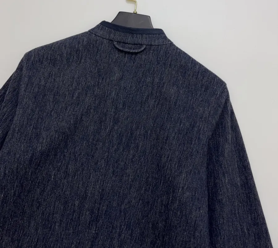 Deep Blue Dyed Tencel-Cotton Blend Jacket with Woven Trimmed Stand Collar in Navy, product view 14