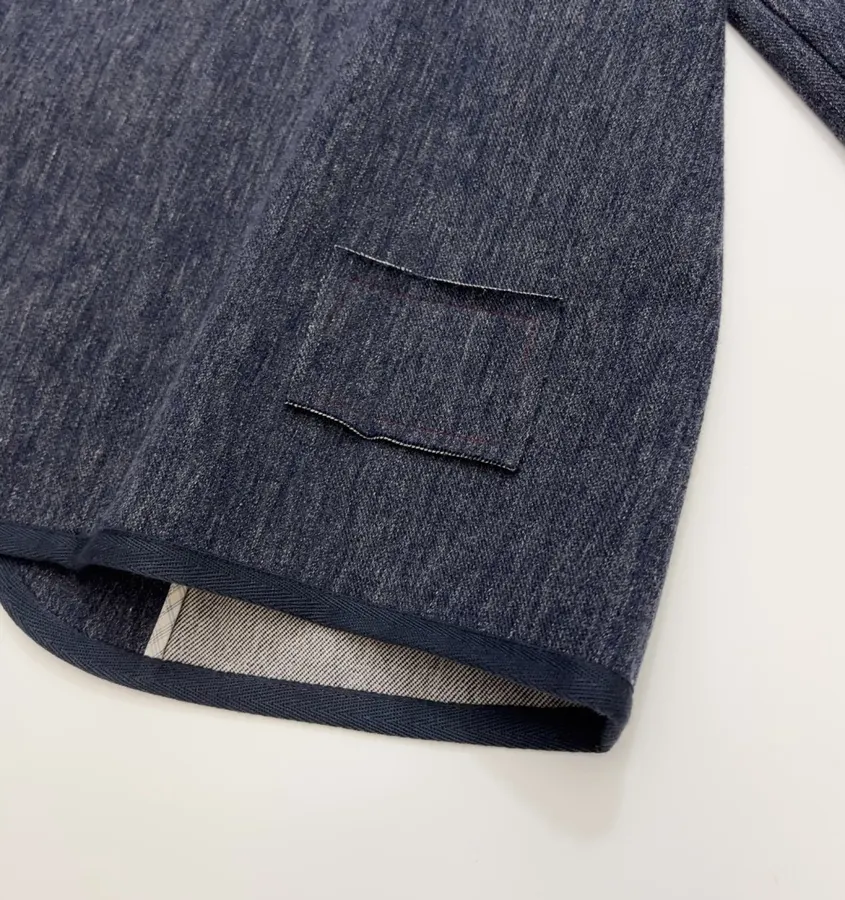 Deep Blue Dyed Tencel-Cotton Blend Jacket with Woven Trimmed Stand Collar in Navy, product view 16