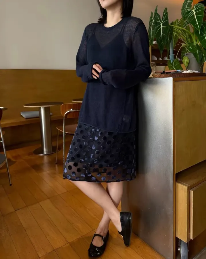 Vintage Mulberry Silk Velvet Polka-Dot High-Waisted Straight-Leg Slit Double-Layer Skirt in Black, product view 01