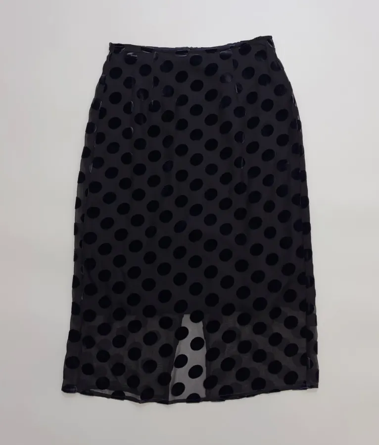 Vintage Mulberry Silk Velvet Polka-Dot High-Waisted Straight-Leg Slit Double-Layer Skirt in Black, product view 03